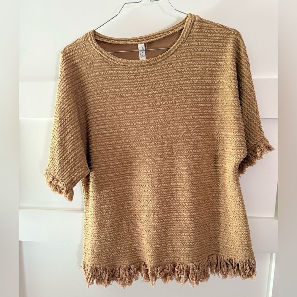 L love mustard ribbed tassel edge boho top